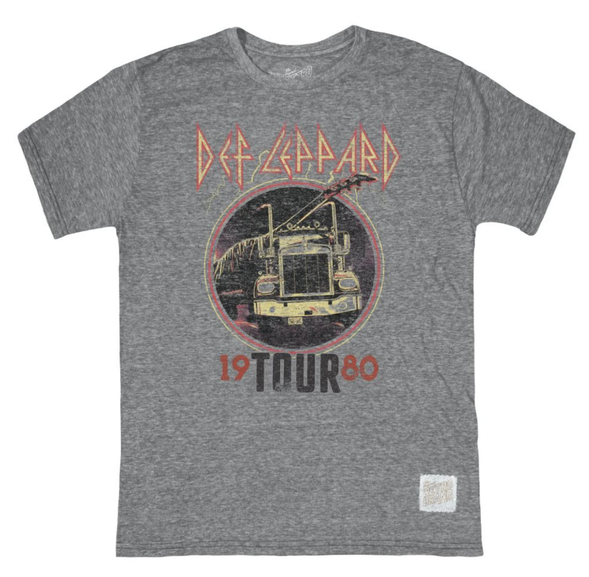 Def Leppard 1980 Tour logo featuring rock and roll rig on our short sleeve tri-blend unisex tee in streaky gray.