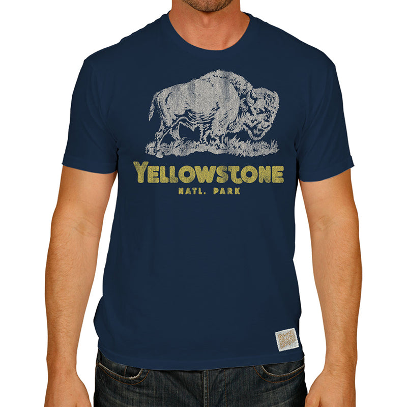 Yellowstone National Park in yellow font with buffalo profile above on our navy 100% cotton tee. One of our most popular styles.